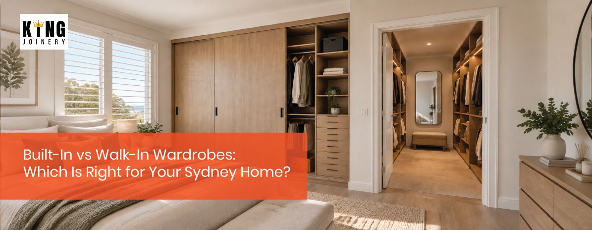 Custom built-in wardrobe with floor-to-ceiling joinery beside a walk-in robe in a Sydney home, shown side by side for comparison.