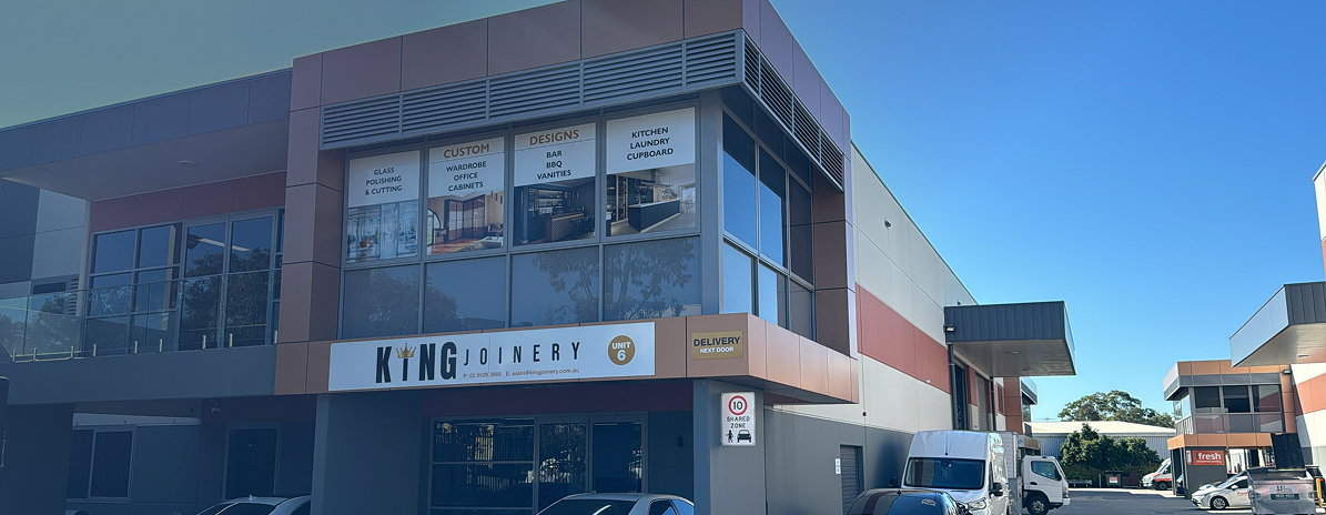 King Joinery premises, a two-storey commercial building with branded signage above the entrance