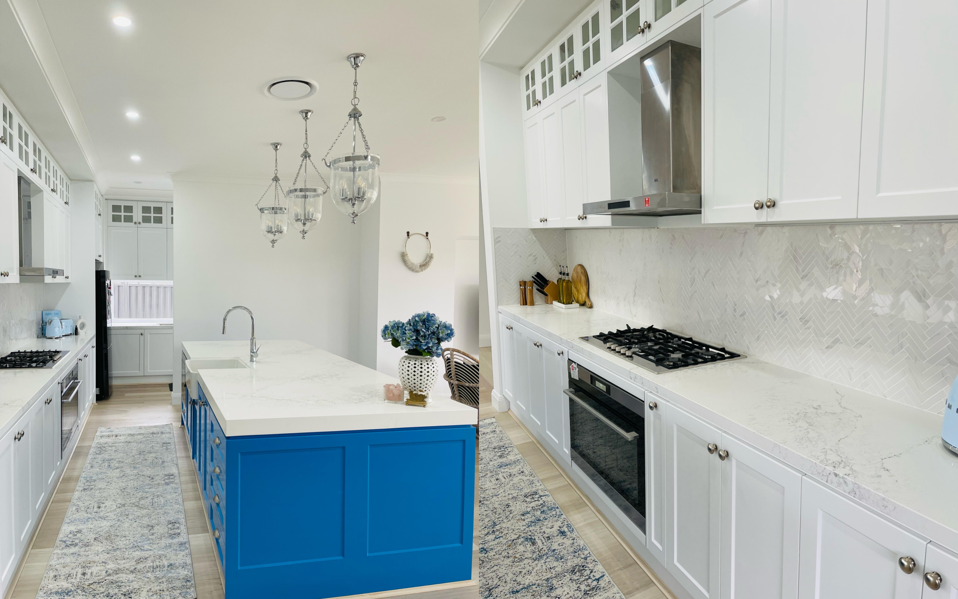 Bright white kitchen with a blue central island, white shaker cabinets, quartz countertops, gas cooktop, stainless steel range hood, and pendant lights.