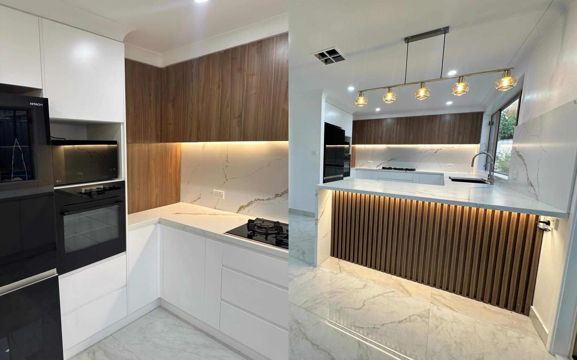 Modern white kitchen with wood-grain upper cabinets, marble-look quartz countertops and backsplash, built-in black appliances, a gas cooktop, and a wood-slat island with warm LED lighting.