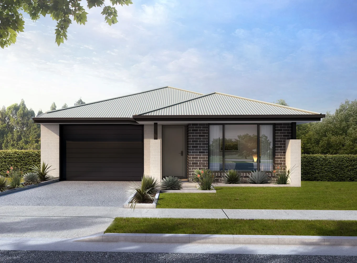 Single-storey modern home exterior with dark brick facade, garage and landscaped front garden