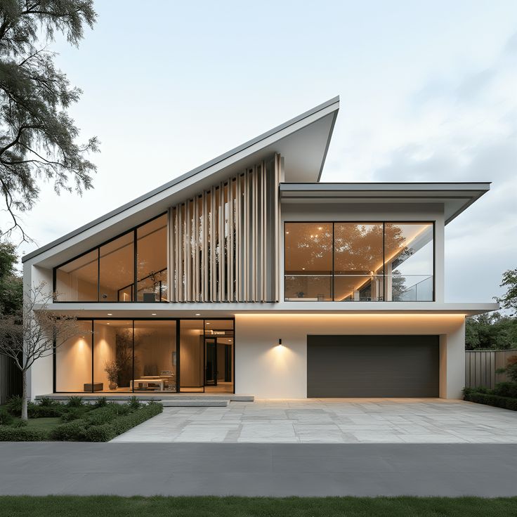 Two-storey modern home exterior with vertical timber cladding, large windows and double garage