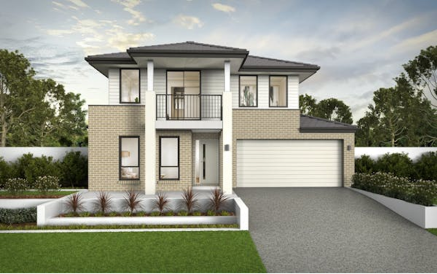 Two-storey modern brick home exterior with balcony, double garage and landscaped front garden