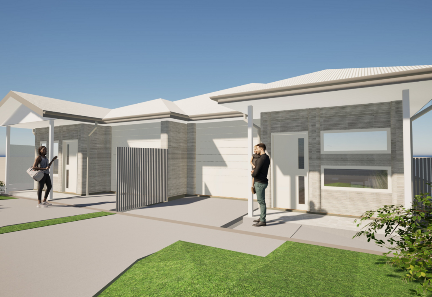 Architectural exterior rendering of a modern single-storey home with garage and front entry