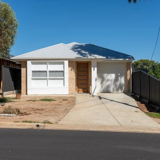 Modern single-storey home with custom timber front door, white garage door and built-in cabinetry design