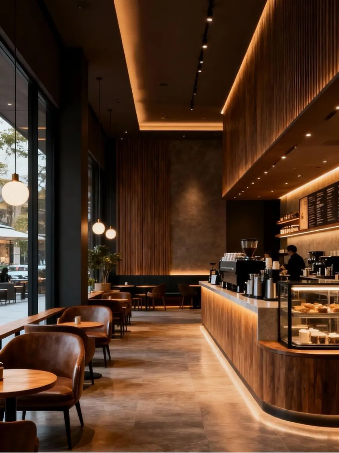 Modern café interior with wood-panelled walls, warm lighting, café counter and seating area