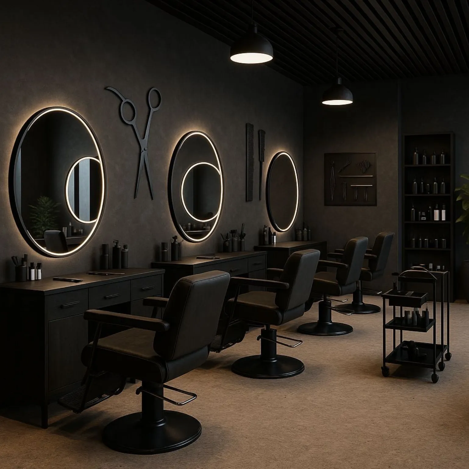 Modern salon interior with black styling chairs, illuminated round mirrors and dark wood cabinetry