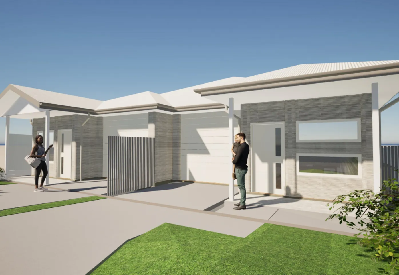 Contemporary single-storey residential development with white exterior walls, grey brickwork and landscaped frontage