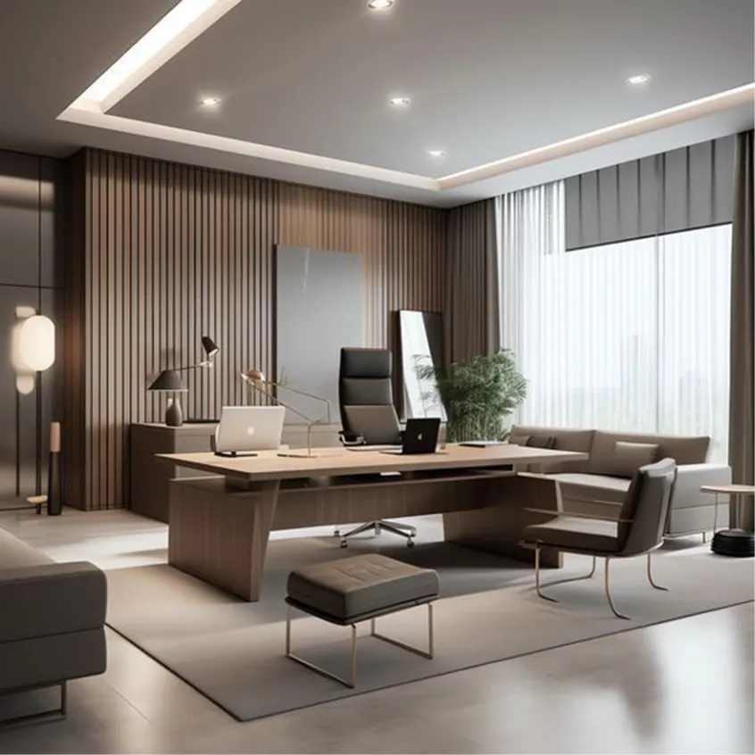 Modern executive office with timber feature wall, large desk, office chairs, lounge seating and recessed lighting